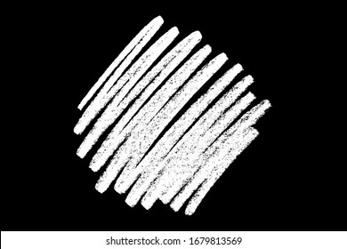 Chalk texture stroke with brush paint white on black background. Grunge abstract vector illustration with crayon pastel hand drawn sketch line horizontal vertical circular rough distressed design