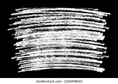 Chalk texture stroke with brush paint white on black background. Grunge abstract vector illustration with crayon pastel hand drawn sketch line horizontal vertical circular rough distressed design