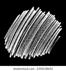 Chalk texture stroke with brush paint white on black background. Grunge abstract vector illustration with crayon pastel hand drawn sketch line horizontal vertical circular rough distressed design