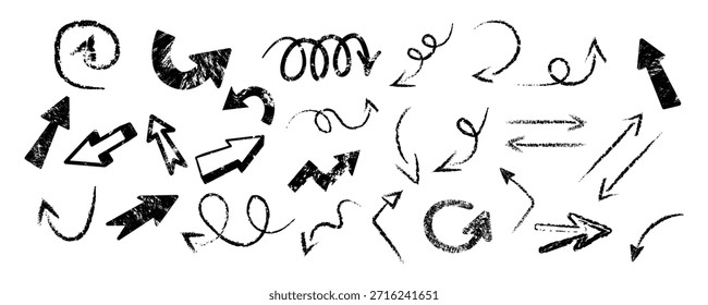 Conjunto de Vector de flechas con textura de tiza. Flechas de boceto ásperas con grunge, garabatos y líneas angustiadas para navegación, notas, diagramas y guía visual, aisladas sobre fondo blanco.