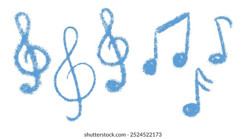 Notas musicais texturizadas de giz. Sinal de nota musical Treble Clef. Símbolos texturizados a lápis para crianças. Pastel à mão livre conjunto de desenho à mão infantil. Coleção de doodles de pincel escolar. Ilustração vetorial isolada