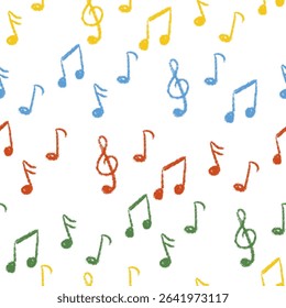 Chalk Textured Music Notes Seamless Pattern. Musical Note Signs. Treble Clef. Kids pencil scribble symbols. Freehand pastel childish hand drawn. School paintbrush doodle. Vector illustration isolated
