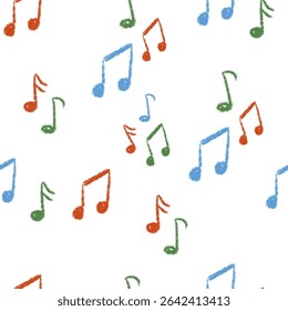 Chalk Textured Music Notes Seamless Pattern. Musical Note Signs. Treble Clef. Kids pencil scribble symbols. Freehand pastel childish hand drawn. School paintbrush doodle. Vector illustration isolated