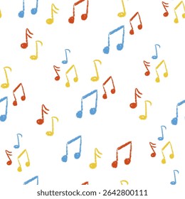 Chalk Textured Music Notes Seamless Pattern. Musical Note Signs. Treble Clef. Kids pencil scribble symbols. Freehand pastel childish hand drawn. School paintbrush doodle. Vector illustration isolated