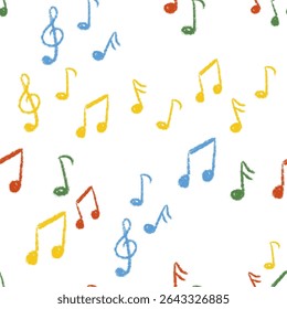 Chalk Textured Music Notes Seamless Pattern. Musical Note Signs. Treble Clef. Kids pencil scribble symbols. Freehand pastel childish hand drawn. School paintbrush doodle. Vector illustration isolated
