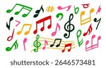 Chalk Textured Music Notes Set. School paintbrush doodle icons with music notation for melody. Design Elements for Print. Hand drawn vector illustration collection isolated on background