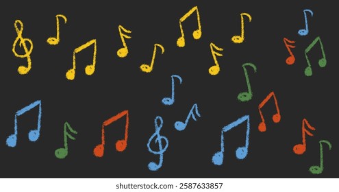 Chalk Textured Music Notes Set. Musical Note Sign Treble Clef. Kids pencil textured symbols. Freehand pastel childish hand drawn. School paintbrush doodle collection. Vector illustration isolated