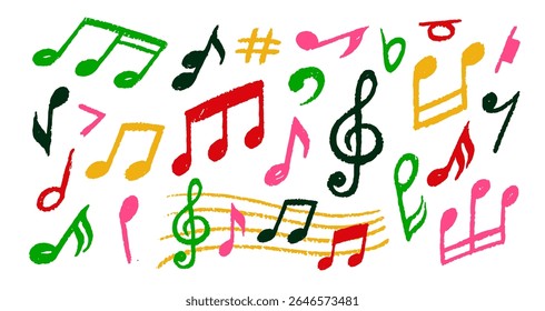 Conjunto de Notas de Música com Textura em Giz. Ícones de rabiscos de pincel escolar com notação musical para melodia. Elementos de design para impressão. Coleção de ilustrações vetoriais desenhadas à mão isolada no plano de fundo