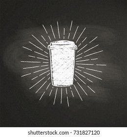 Chalk textured paper coffee cup silhouette with vintage sun rays on black board. Vector coffee-to-go mug illustration for drink and beverage menu or cafe theme, poster, t-shirt print, logo.