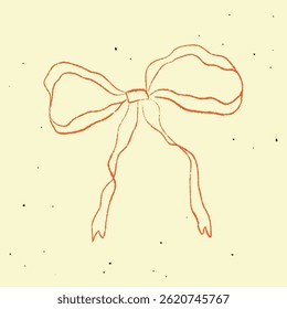 Chalk Textured Ribbon Bow. Cute kids pencil hand drawing element. Coquette aesthetic bow knot symbol in vintage style. Cartoon freehand drawn colorful vector illustration isolated on pastel background