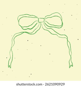 Chalk Textured Ribbon Bow. Cute kids pencil hand drawing element. Coquette aesthetic bow knot symbol in vintage style. Cartoon freehand drawn colorful vector illustration isolated on pastel background