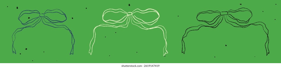 Chalk Textured Ribbon Bow Set. Cute kids pencil hand drawing elements. Coquette aesthetic vintage style bow knot symbol. Cartoon freehand drawn color vector illustration isolated on green background