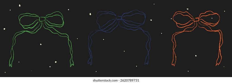 Chalk Textured Ribbon Bow Set. Cute kids pencil hand drawing elements. Coquette aesthetic vintage style bow knot symbol. Cartoon freehand drawn color vector illustration isolated on black background