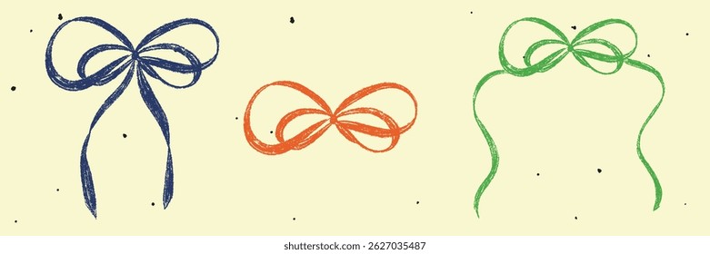 Giz Texturizado Fita Arco Conjunto. Lápis bonito crianças mão desenhando elementos. Coquette símbolo de nó de arco pastel estético. Desenhado à mão livre desenho cor vetor ilustração isolado no fundo estilo vintage