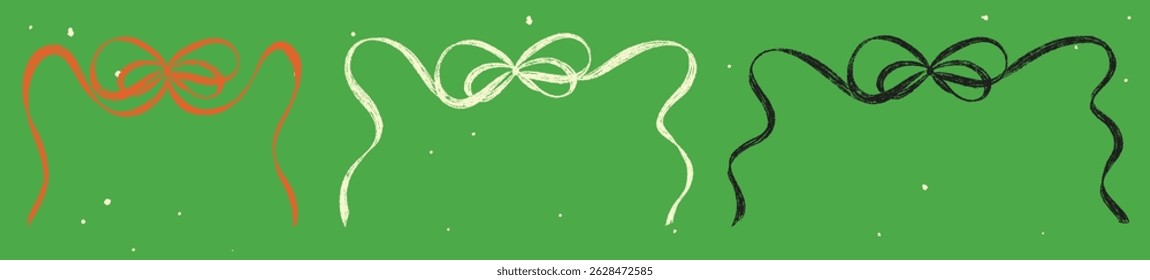 Conjunto de lazo de cinta texturizada de tiza. Elementos lindos del dibujo de la mano del lápiz de los niños. Coqueta estética pastel símbolo del nudo del lazo. Ilustración vectorial de color dibujada a mano alzada de dibujos animados aislada sobre fondo de estilo vintage