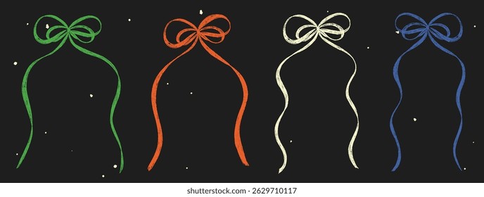 Kreide strukturierte Band Bow Set. Nette Kinder Bleistift handzeichnende Elemente. Coquette ästhetisch pastellfarbenen Bogen Knoten Symbol. Cartoon, freihändig gezeichnet, farbige Vektorgrafik einzeln auf Vintage-Hintergrund