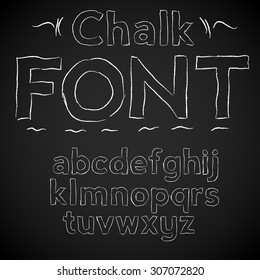 Chalk thin hand font: lower case letters on a blackboard background, vector illustration