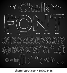 Chalk thin hand font:  numbers and special symbols on a blackboard background, vector illustration