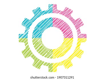 Chalk touch color-coded in 4 colors, line art gear illustrations, icons. Business image. Infographics.