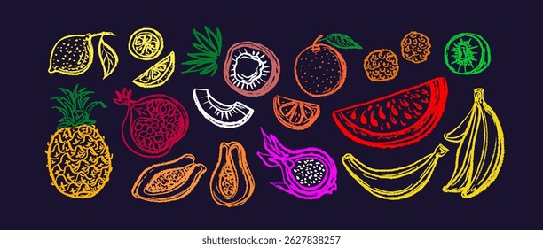 Chalk tropical fruit. Vector doodle set in crayon style. Summer fresh exotic food. Lemon, pineapple, coconut, banana, pitaya, lychee isolated on white bg. Ink abstract sketch for poster, menu