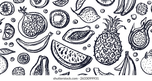 Chalk tropical fruit. Vector doodle seamless pattern. Summer fresh exotic print. Lemon, pineapple, coconut, banana, lychee on white backdrop. Ink abstract texture sketch for paper, design textile