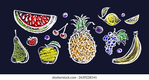 Chalk tropical fruits, berry sign. Color stickers. Summer fresh exotic food. Vector set in crayon style. Doodle pineapple, banana, apple isolated on white bg. Abstract sketch for poster, menu