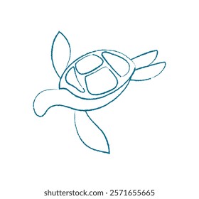 Chalk turtle swims in ocean. Marine creature glides through aquatic world. Underwater doodle style, flat graphic format, suitable for summer themes or aquarium projects.