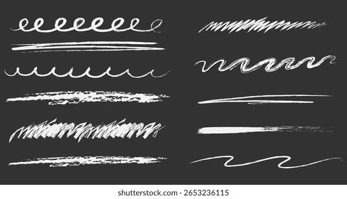 Chalk underline on blackboard line stroke, scribble hand drawn sketch texture. Doodle white crayon on black background. School marks, grunge set border free hand design elements