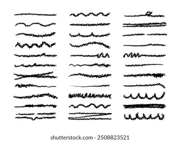 Chalk underlines and stroke line set. Crayon hand drawn pencil lines. Charcoal pencil straight horizontal lines. Scribble black strokes vector set.