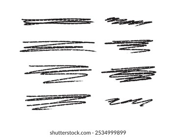Chalk underlines and stroke line set. Crayon hand drawn pencil lines. Charcoal pencil straight horizontal lines. Scribble black strokes vector set