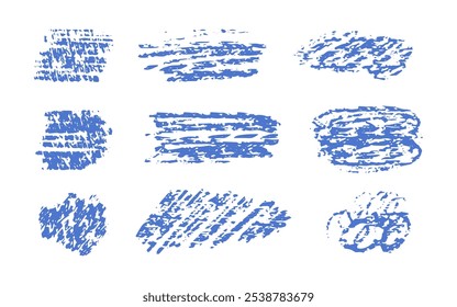 Chalk underlines and stroke line set. Crayon hand drawn blue pencil lines. Charcoal pencil straight horizontal lines. Scribble blue strokes vector set
