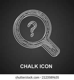 Marcar Icono de búsqueda desconocido aislado en fondo negro. Vidrio de aumento y signo de interrogación.  Vector