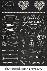 Chalk Valentine's day design elements collection on chalkboard background for scrap booking and design.