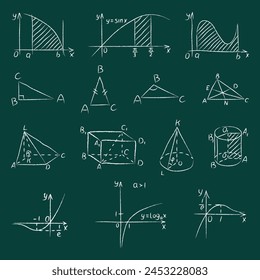 Chalk various geometric shapes. Hand drawn white chalked triangle, square, cones and function graphs are drawn on green school chalkboard background. Set of mathematical figures and functions