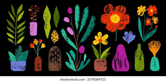 Chalk vase with flower vector. Crayon plant flower in vase pot. Doodle cute design on chalkboard illustration. Simple flat house bouquet. Houseplant crayon background. Childish drawing. Home sketch bg