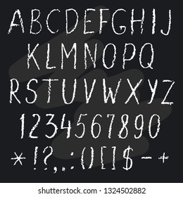 Chalk vector alphabet. Latin letters and numbers in chalk. English alphabet for menu design.