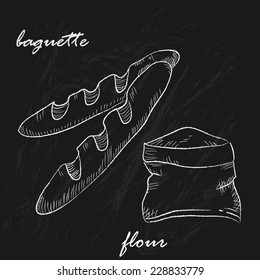 Chalk vector illustration with baguette and flour on the black background