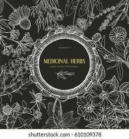 Chalk vector illustration, round wicker frame with medicinal herbs and flowers on black background, sketch, vintage style, chamomile, lavender, calendula, dandelion, plantain, dog rose and valeriana