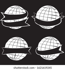Chalk vector labels with globe. White Earth wrapped in black tape. Ribbons for text. Chalk Globe with ribbon on a blackboard.