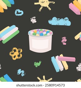 Chalk vector seamless pattern on dark background. Hand drawn childish crayon drawings