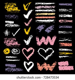 Chalk vector textures. Collection of hand drawn textures elements. Set of pastel pencil . Hearts, hash tag, stripes, brushes, zigzags, scribble, check marks. Crayon pencil strokes design elements.