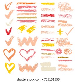 Chalk Vector Textures. Collection Of Hand Drawn Textures Elements. Set Of Pastel Pencil . Hearts, Hash Tag, Stripes, Brushes, Zigzags, Scribble, Check Marks. Crayon Pencil Strokes Design Elements.