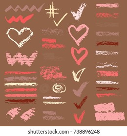 Chalk vector textures. Collection of hand drawn textures elements. Set of pastel pencil . Hearts, hash tag, stripes, brushes, zigzags, scribble, check marks. Crayon pencil strokes design elements.