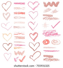 Chalk vector textures. Collection of hand drawn love symbols. Set of pastel pencil for  valentine background. Hearts, hash tag, stripes, brushes, zigzags, scribble, check marks. Crayon pencil strokes 
