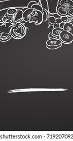 Chalk vegetables with copyspace on chalkboard. Hand drawn healthy food sketch. Black and White Vector Drawing on Blackboard. 