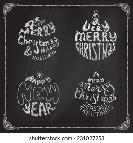Chalk A Very Merry Christmas And Happy New Year balls. Set of four retro Christmas round designs with hand-written typography on blackboard.