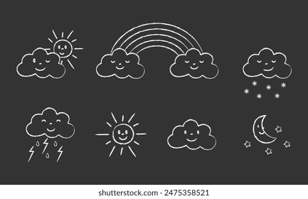 Icono de Clima de tiza. Sol, luna, nube, nieve, lluvia, arco iris, relámpagos. Ilustración vectorial.