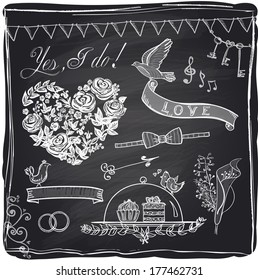 Chalk Wedding Hand Drawn Graphic Set On A Chalkboard. Eps10.