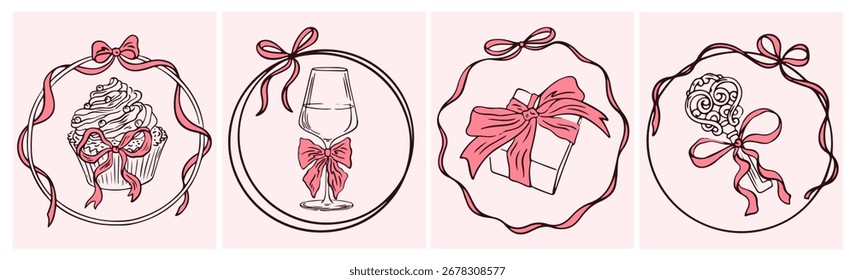 Cartazes de casamento em giz. Quadros circulares desenhados à mão com fita e arcos. Elementos de doodle de tinta de coquette vintage para convites de casamento, cartões, menus e festas. Quadros vetoriais exóticos. 
