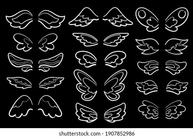 Chalk wing white line art, vector illustration on black background. White wing of angel, muse, sorceress, butterfly, fairy character. Comic wing clipart set for social media. Fly icon chalkboard
